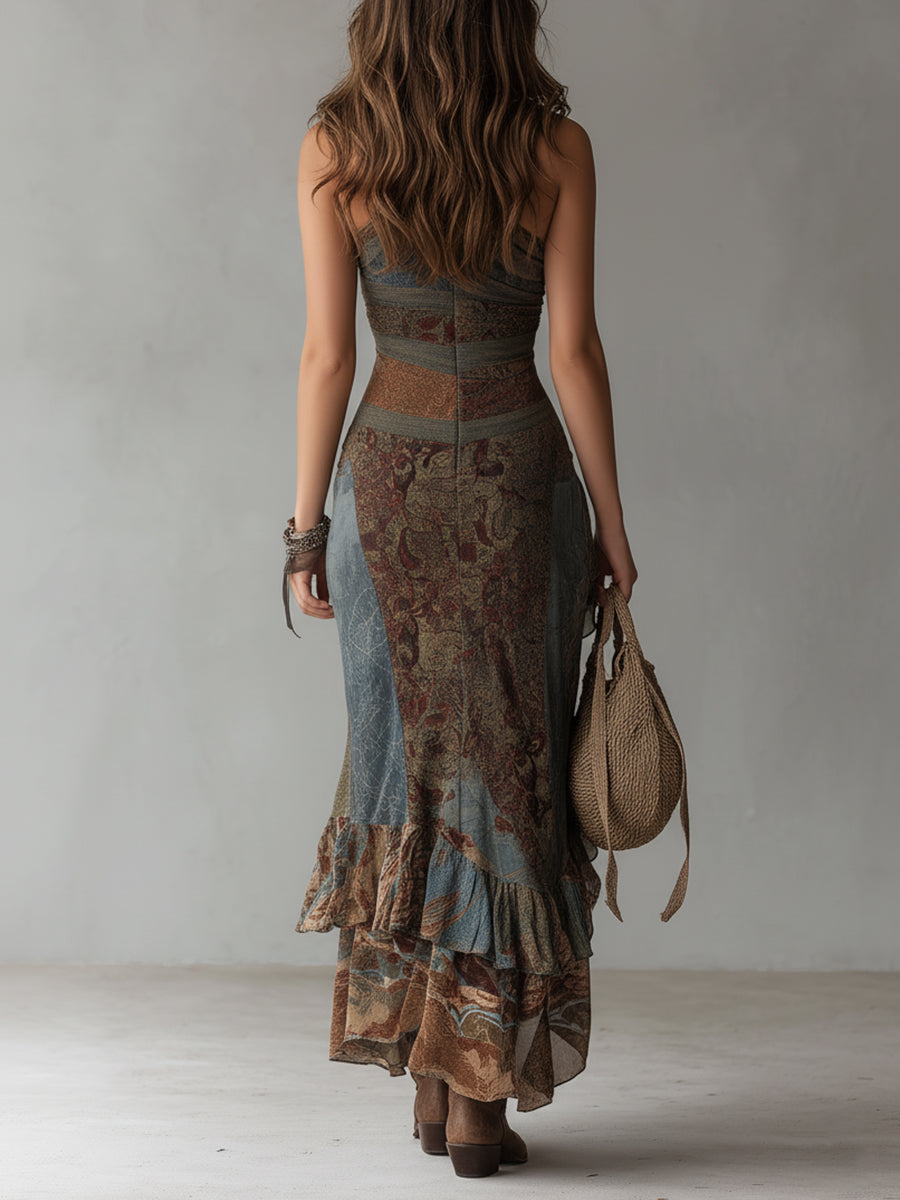 Ethnic print one-shoulder maxi dress side view