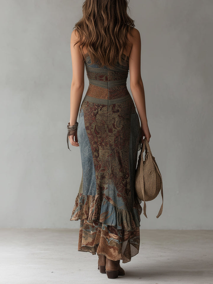 Ethnic print one-shoulder maxi dress side view