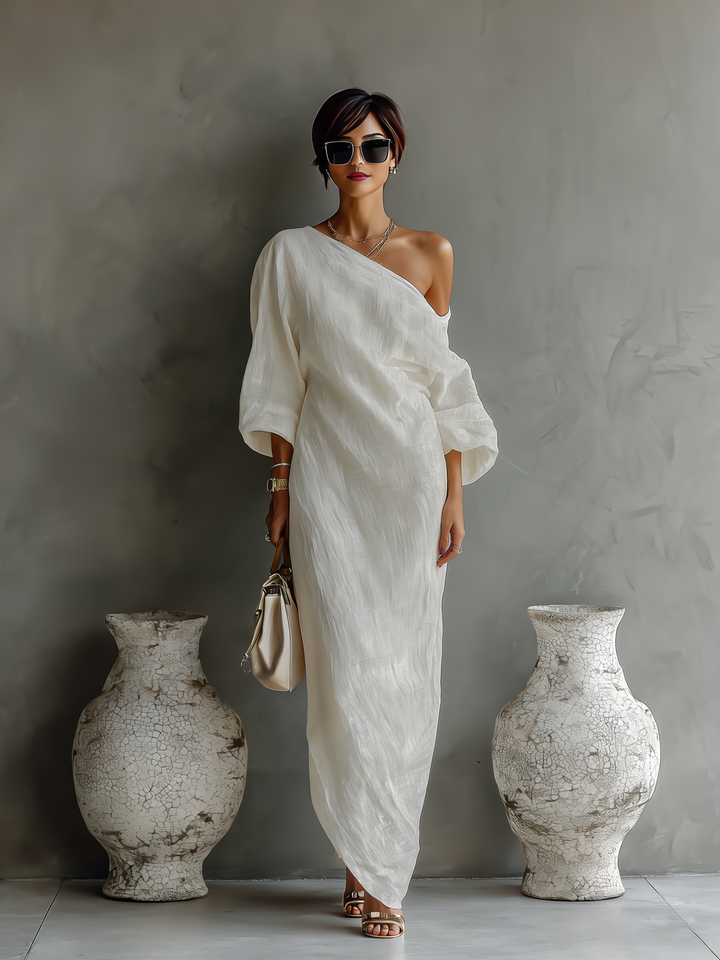 Ivory Off-Shoulder Flowing Dress — product view