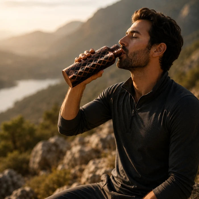 Lifestyle photo of the Diamond pure copper water bottle styled for daily Ayurvedic hydration