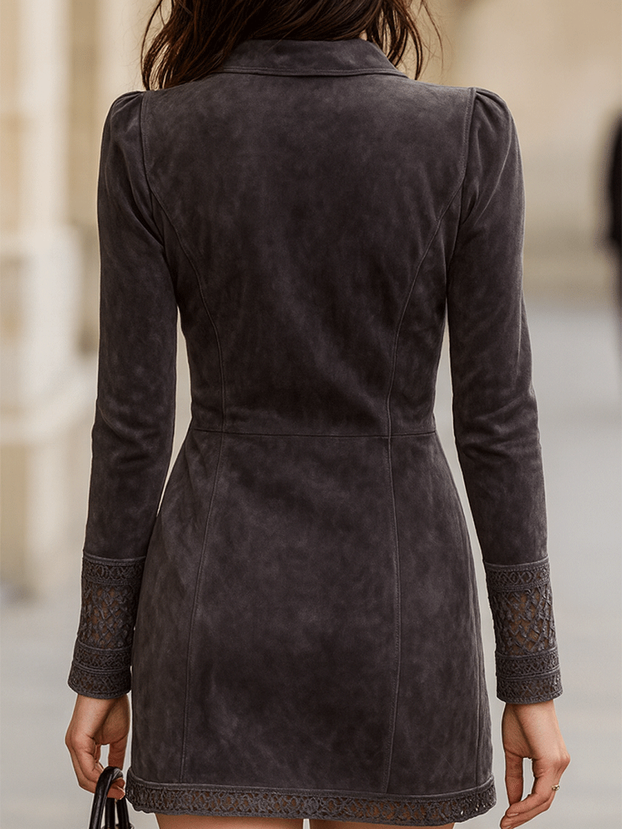 Suede zip front mini dress back view