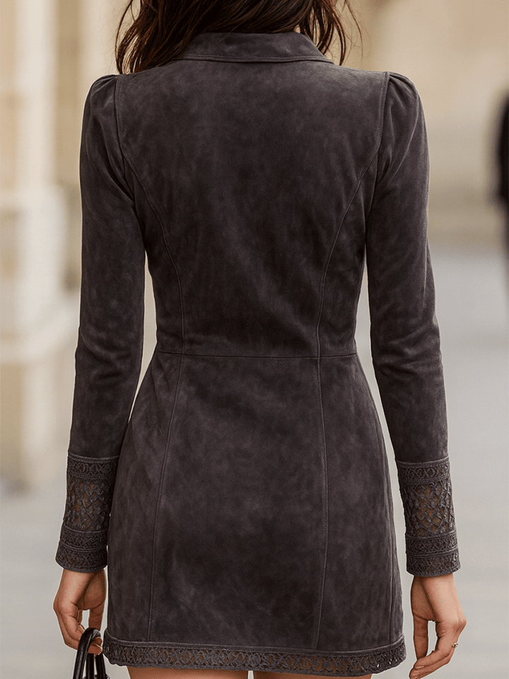 Suede zip front mini dress back view