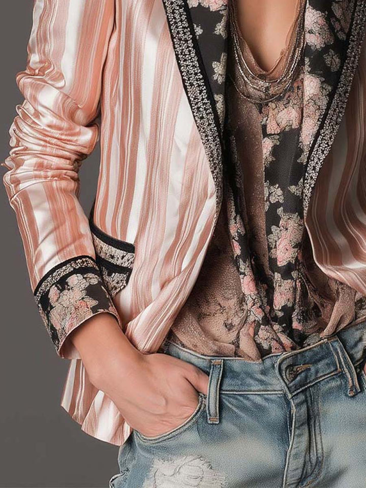 Boho satin-stripe tailored blazer styled look