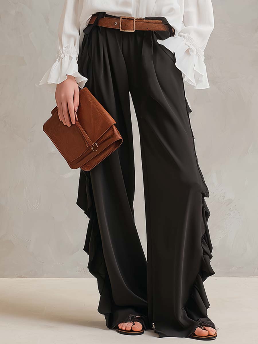 Retro ruffled chiffon shirt and pants two-piece set styled view