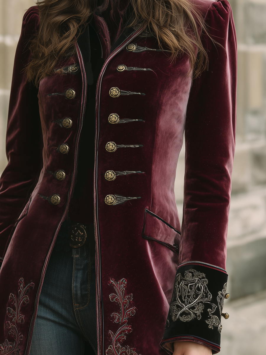 Embroidered velvet coat trim detail view