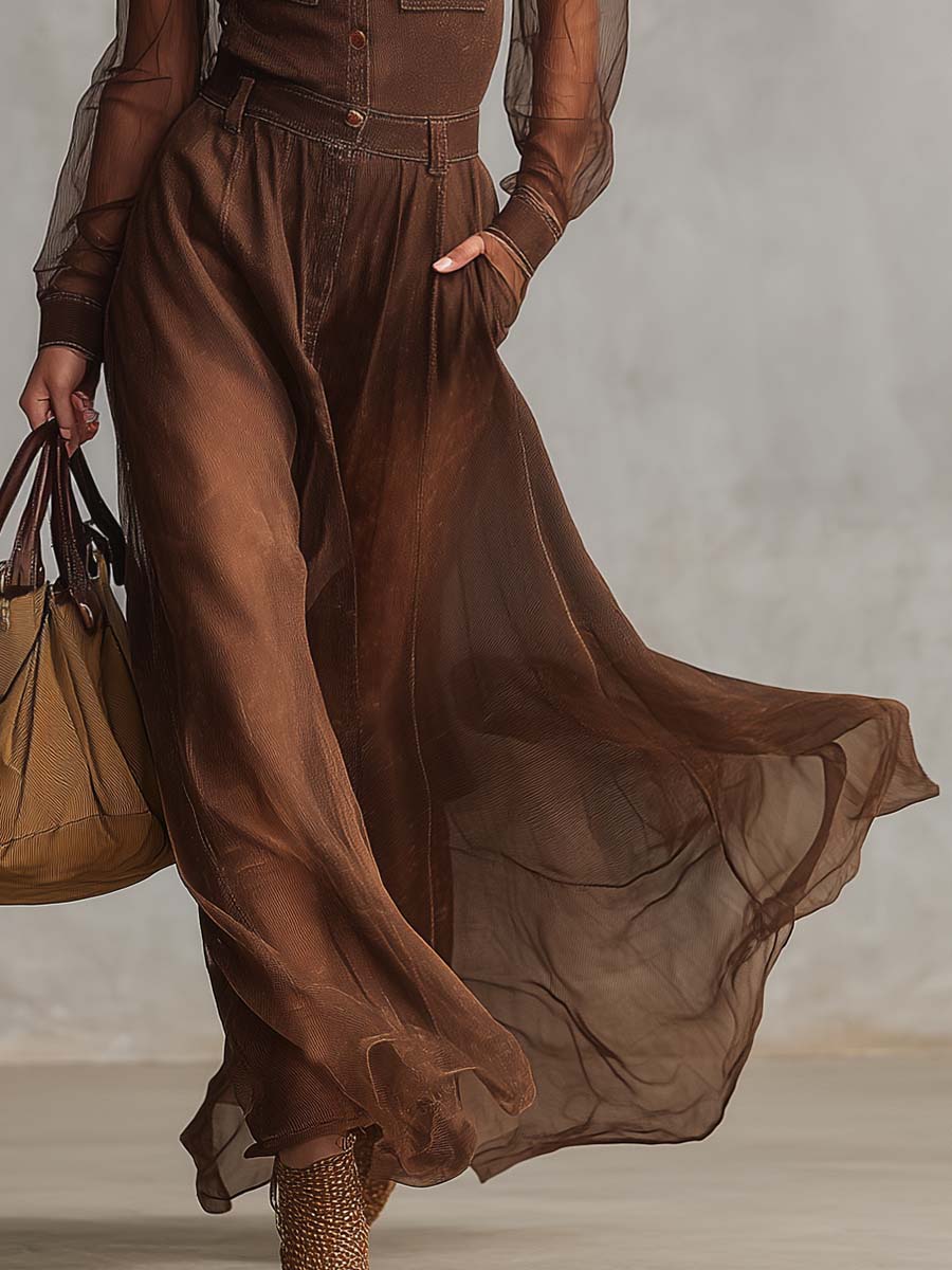 Diana western brown maxi dress back – long sleeve V-neck women