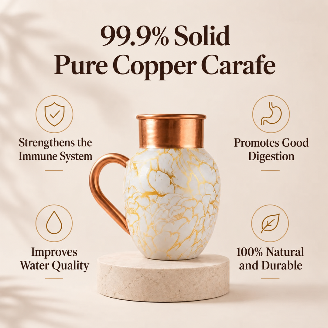 Infographic showing the benefits of the 99.9% pure solid copper carafe: immune support, digestion, water quality