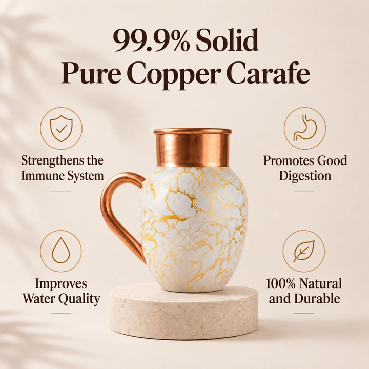 Infographic showing the benefits of the 99.9% pure solid copper carafe: immune support, digestion, water quality