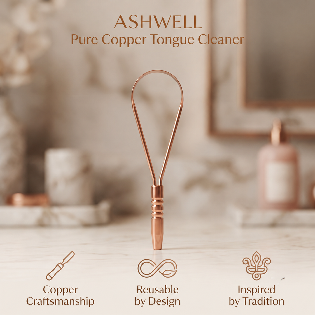 Ashwell copper tongue cleaner styled in a luxury bathroom setting