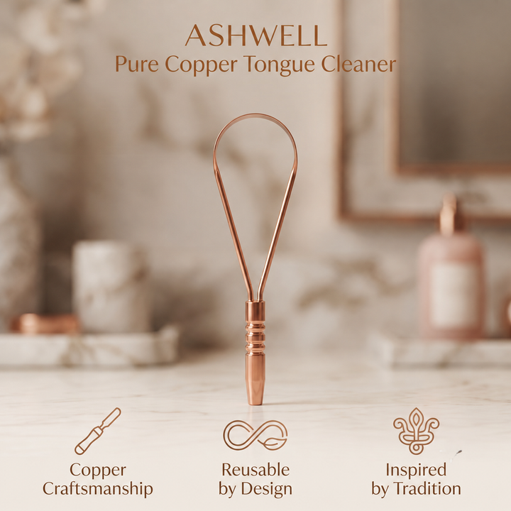 Ashwell copper tongue cleaner styled in a luxury bathroom setting