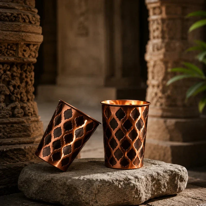 Diamond 100% pure copper water bottle displayed on a wooden surface with natural lighting