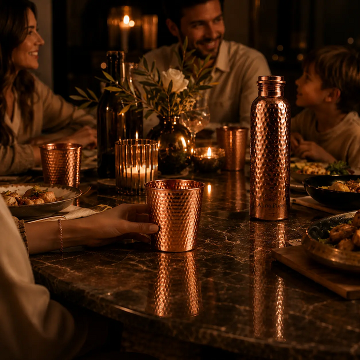 99.9% solid copper Heritage glass tumbler shown in a studio product photo from a side angle.