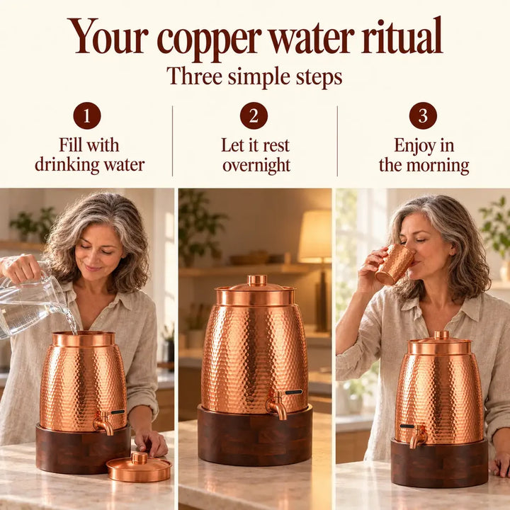 Three-step daily copper water ritual using the hammered copper dispenser