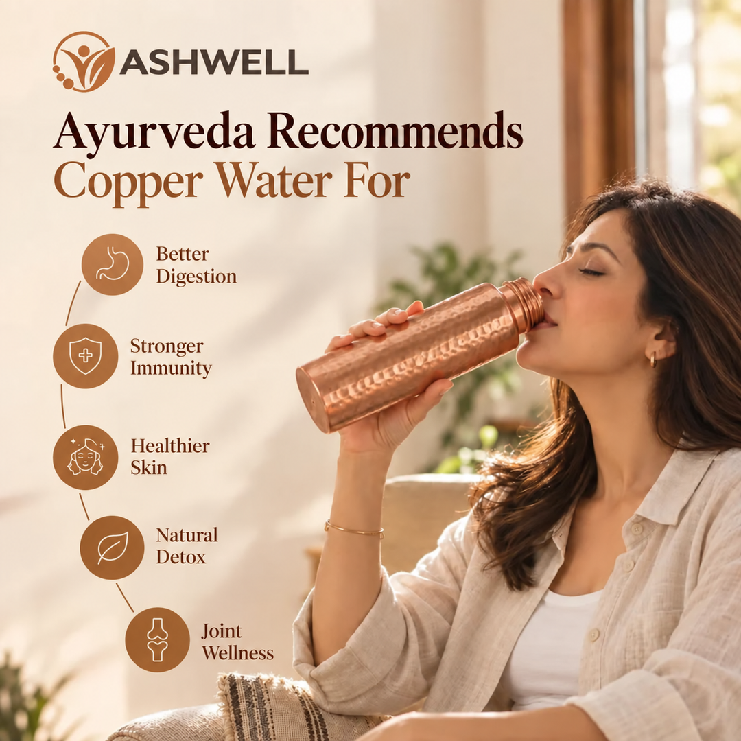 Pure copper water bottle styled for Ayurvedic daily wellness ritual