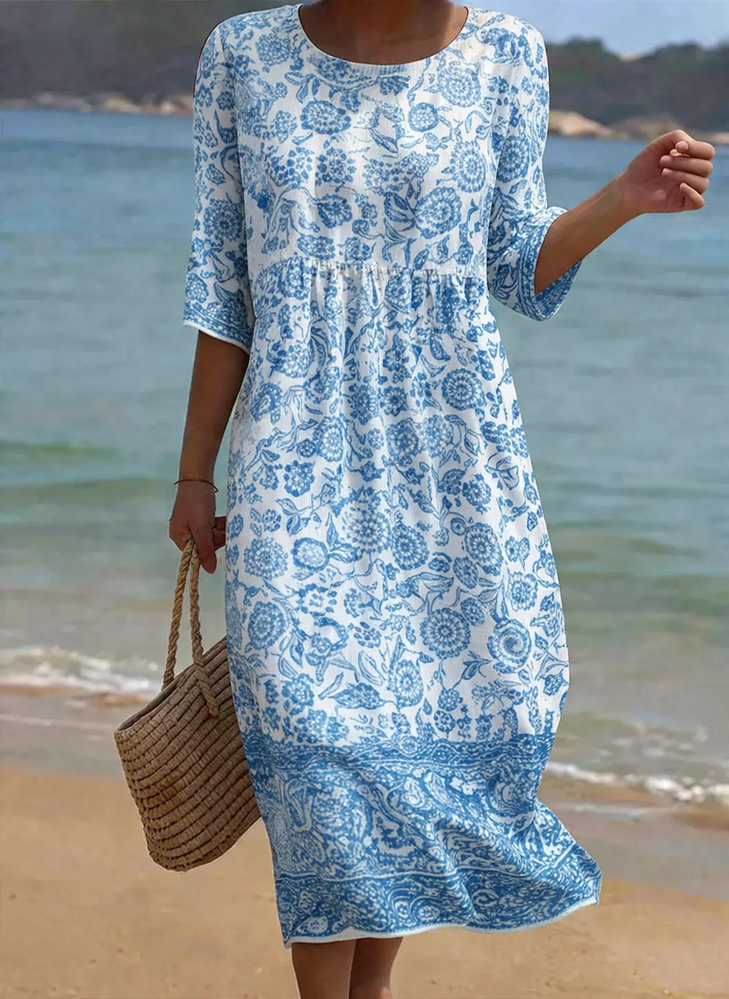 Blue Elegant Floral Pattern Maxi Dress — front view