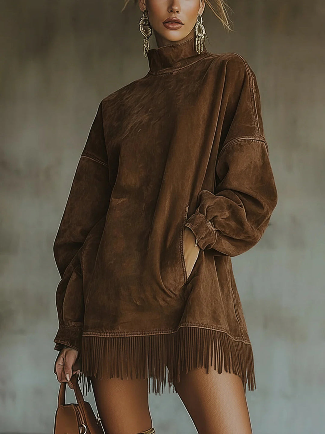women's suede fringe dress – olive green turtleneck mini