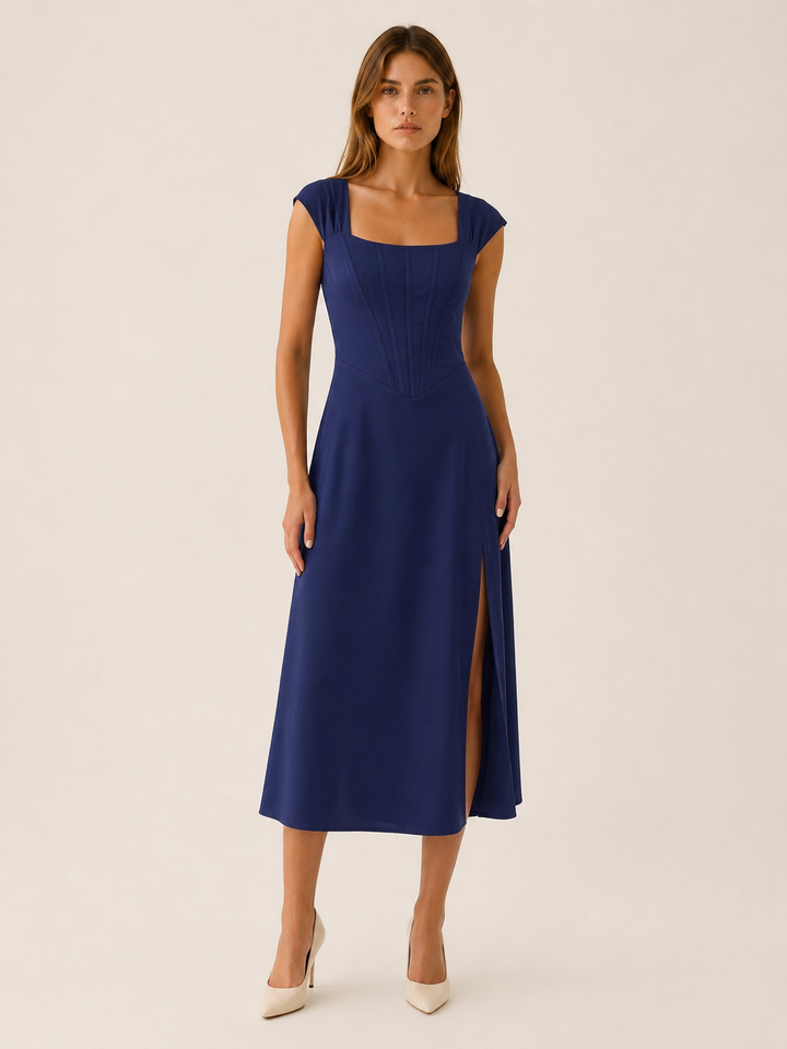 Navy Bustier Midi Dress with Side Slit – front view