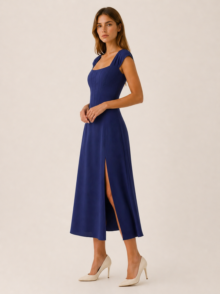 Red Bustier Midi Dress with Side Slit – side view