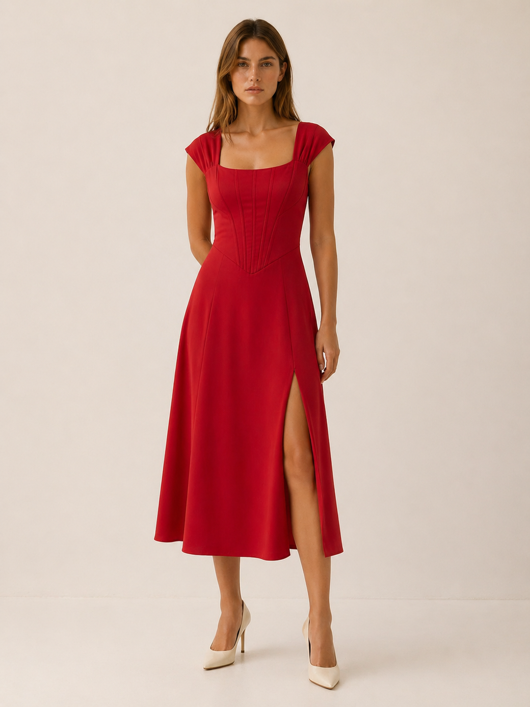 Red Bustier Midi Dress with Side Slit – detail view
