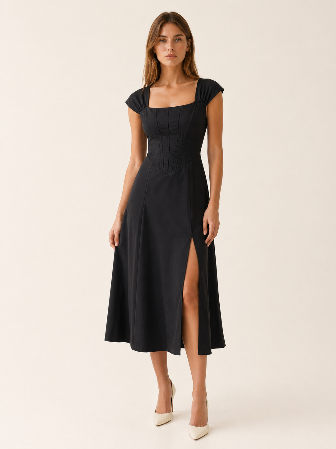 Navy Bustier Midi Dress with Side Slit – close-up