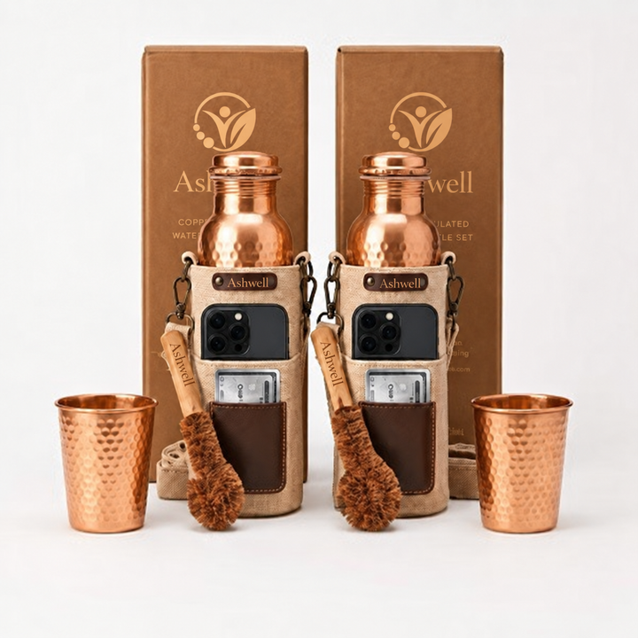 Ashwell Pure Copper Ritual Set | Handcrafted Copper Water Bottle and Tumbler | 34 Oz