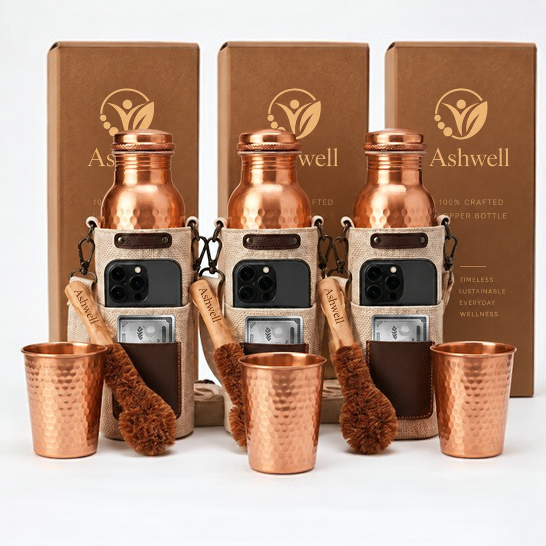 Ashwell Pure Copper Ritual Set | Handcrafted Copper Water Bottle and Tumbler | 34 Oz