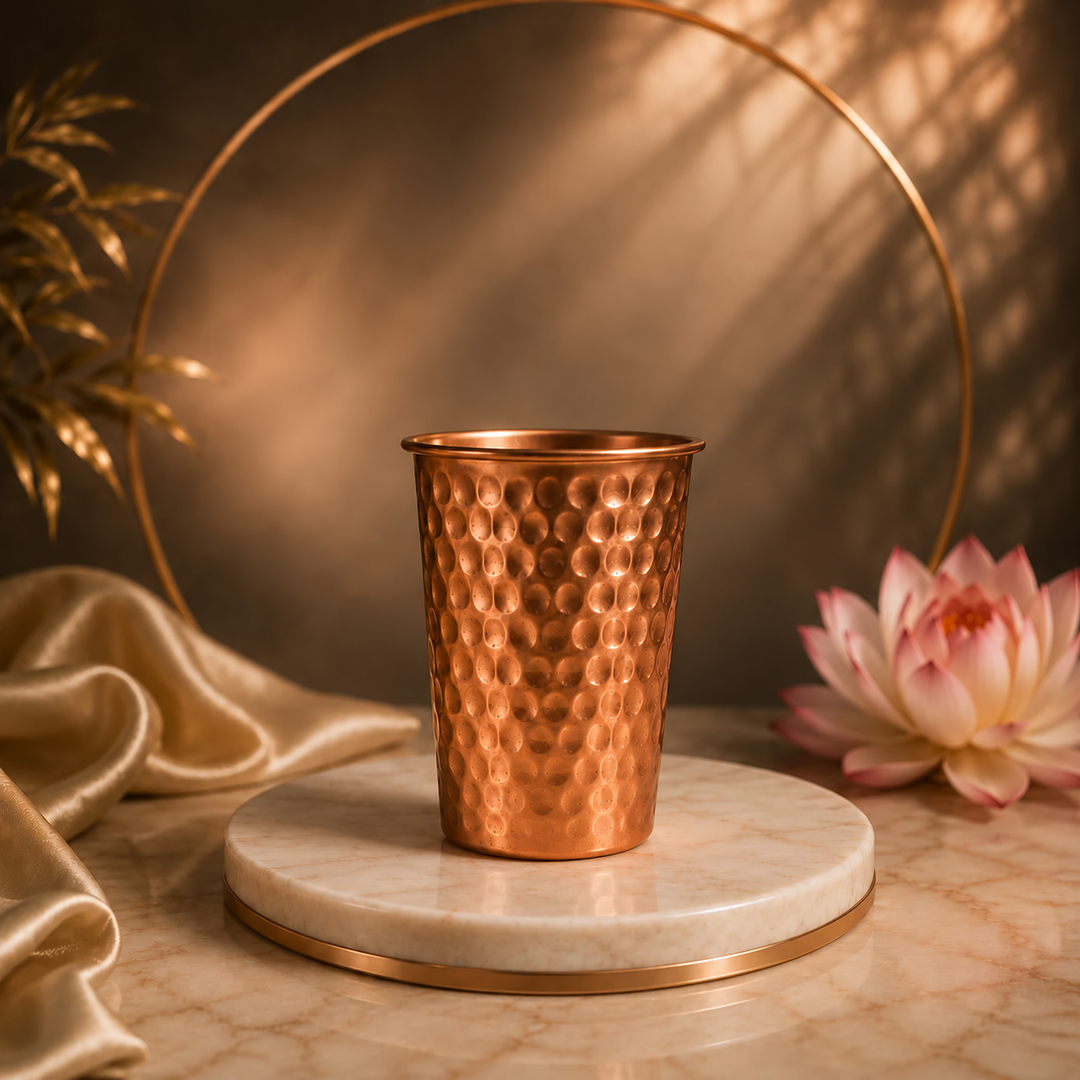 99.9% solid copper Heritage glass tumbler, studio product photo on a plain background.