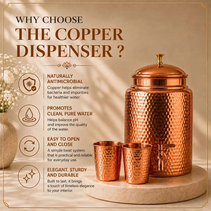 Hammered copper water dispenser styled with copper cups for Ayurvedic hydration