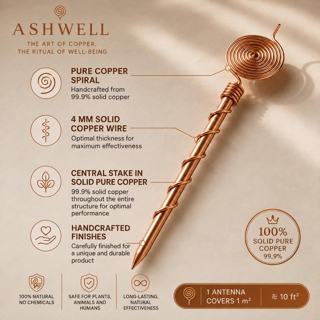 Copper electroculture antenna installed near garden plants to support natural growth