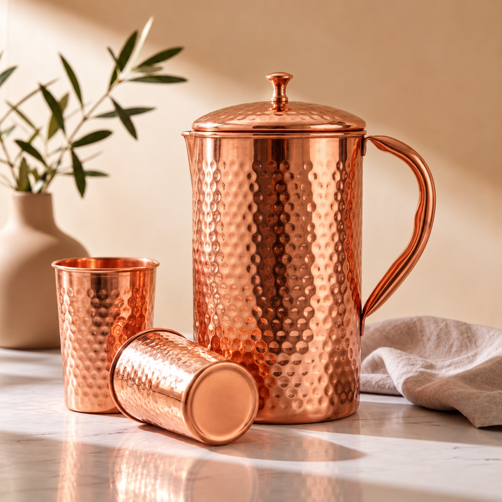Hammered Pure Copper Jug 64 oz — Includes 2 Copper Cups