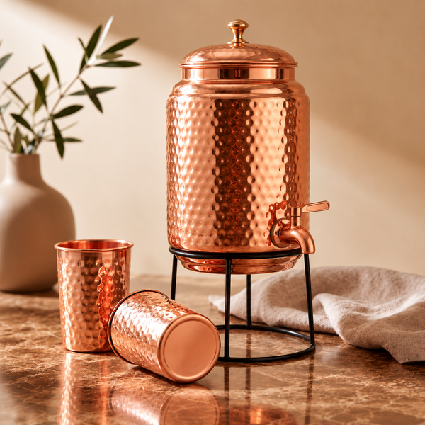 Hammered Pure Copper Water Dispenser 170 oz - Includes 2 Copper Cups