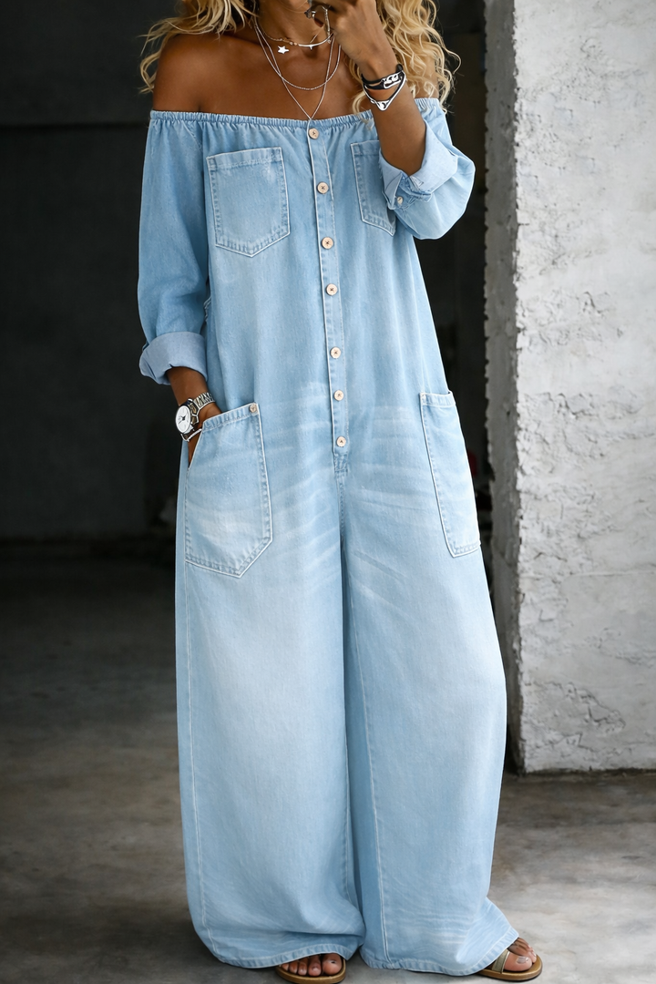 Elena Denim Jumpsuit — close-up view
