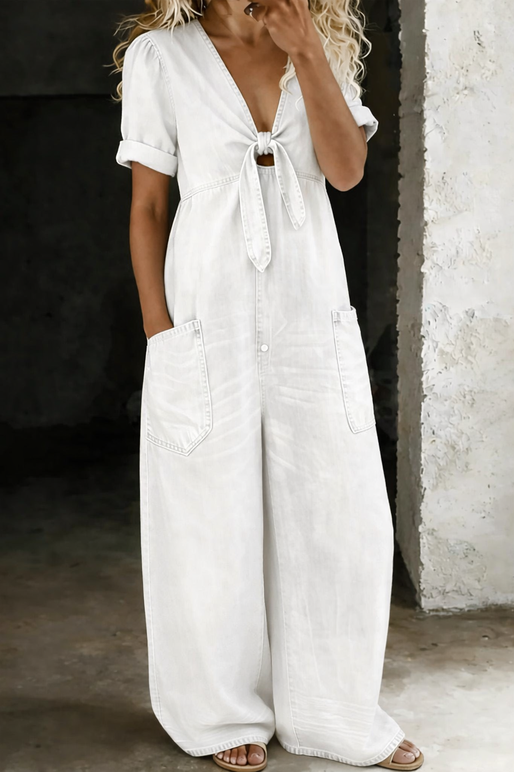 Maya Denim Jumpsuit — close-up view