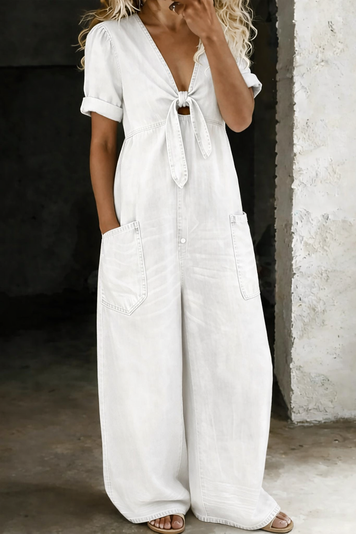 Maya Denim Jumpsuit — close-up view