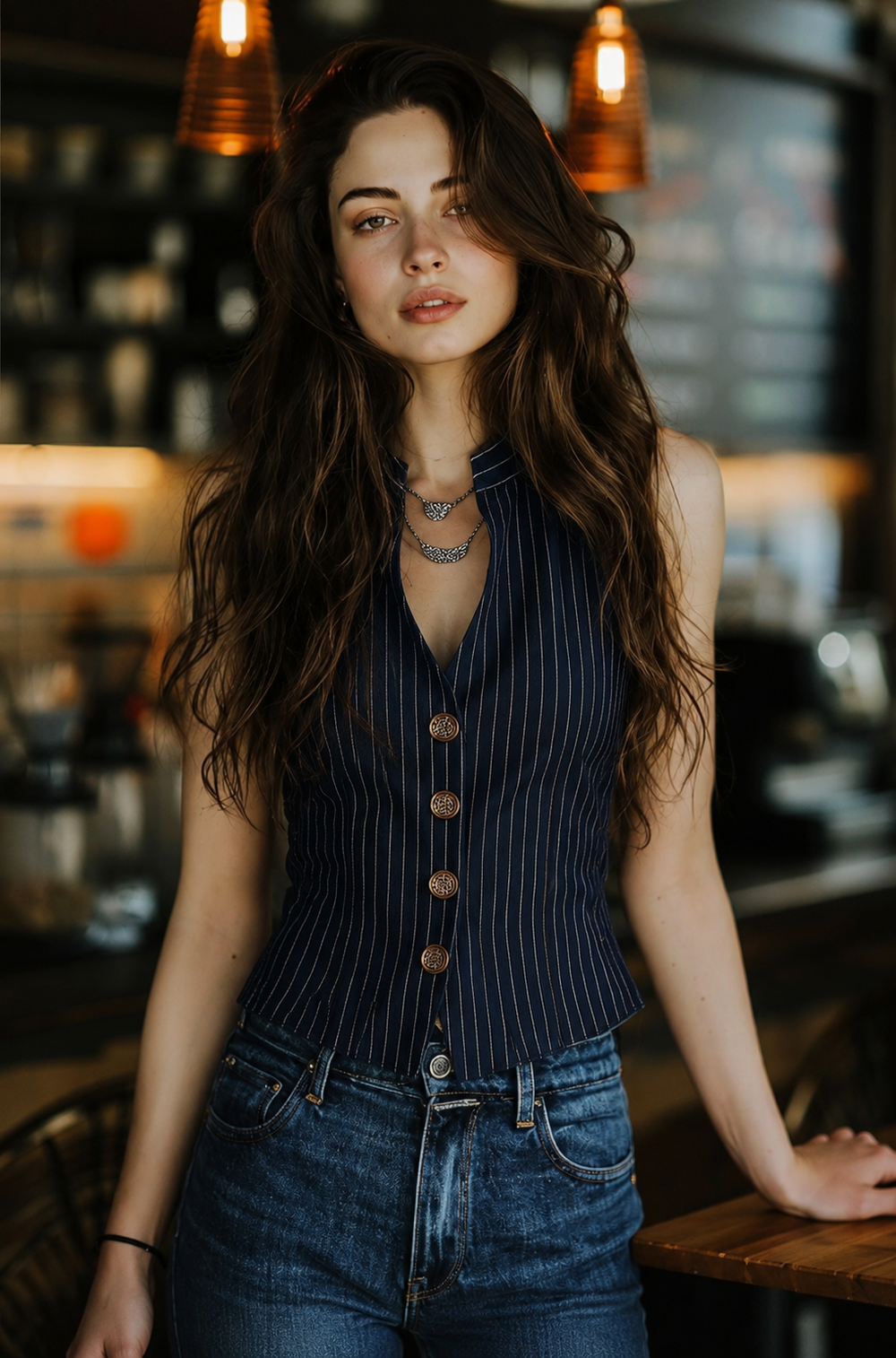 Henley neck striped tank top detail