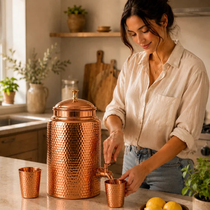 Front view of the 170oz hammered copper water dispenser on a plain background