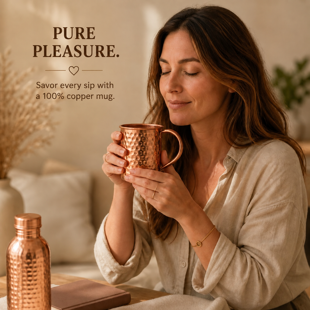 Woman holding a hammered copper mug close to her face, savoring a warm drink