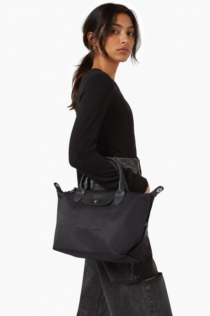 Longchamp Le Pliage Energy Small Black Crossbody Bag lifestyle model wearing as shoulder bag
