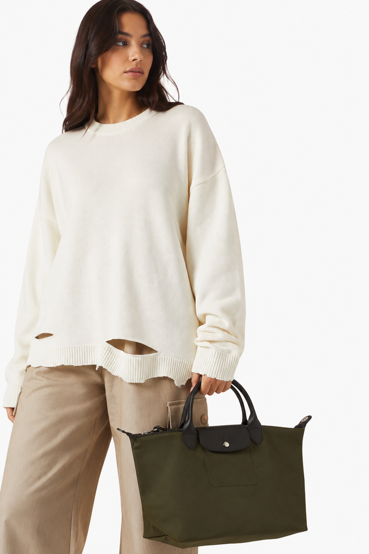 Longchamp Le Pliage Energy L Top Handle Crossbody Bag Khaki Olive Green worn shoulder