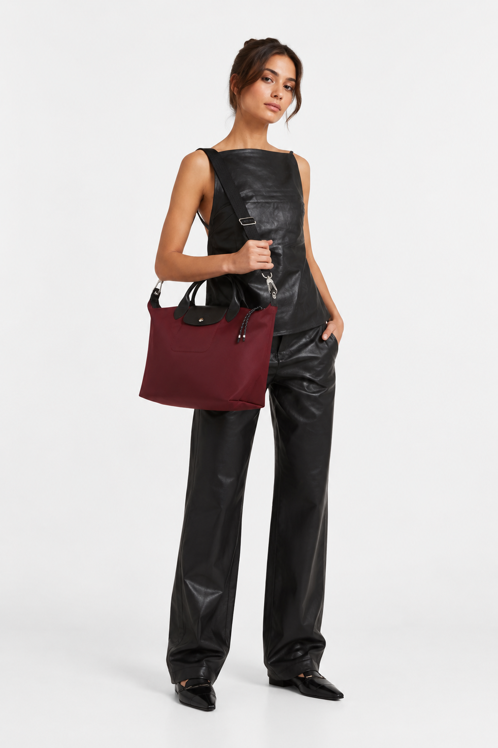 Longchamp Le Pliage Energy L Top Handle Crossbody Bag Burgundy Wine Red worn shoulder