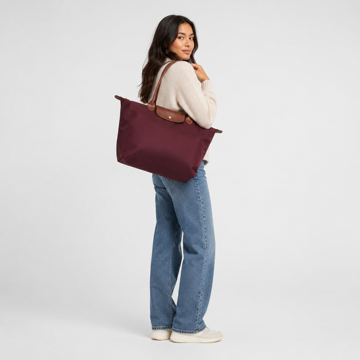 Longchamp Le Pliage Large Tote Bag Burgundy Wine Red Lifestyle