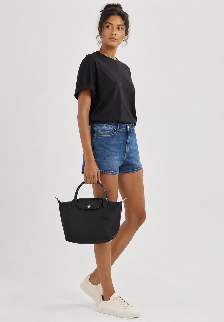 Longchamp Le Pliage Green Medium Tote Bag Black Canvas Hand Held Model Lifestyle