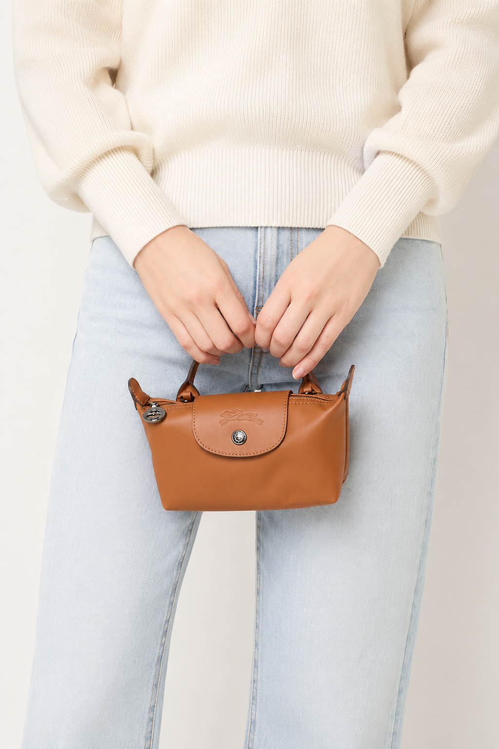 Longchamp Mini Leather Bag Brown — styled shot