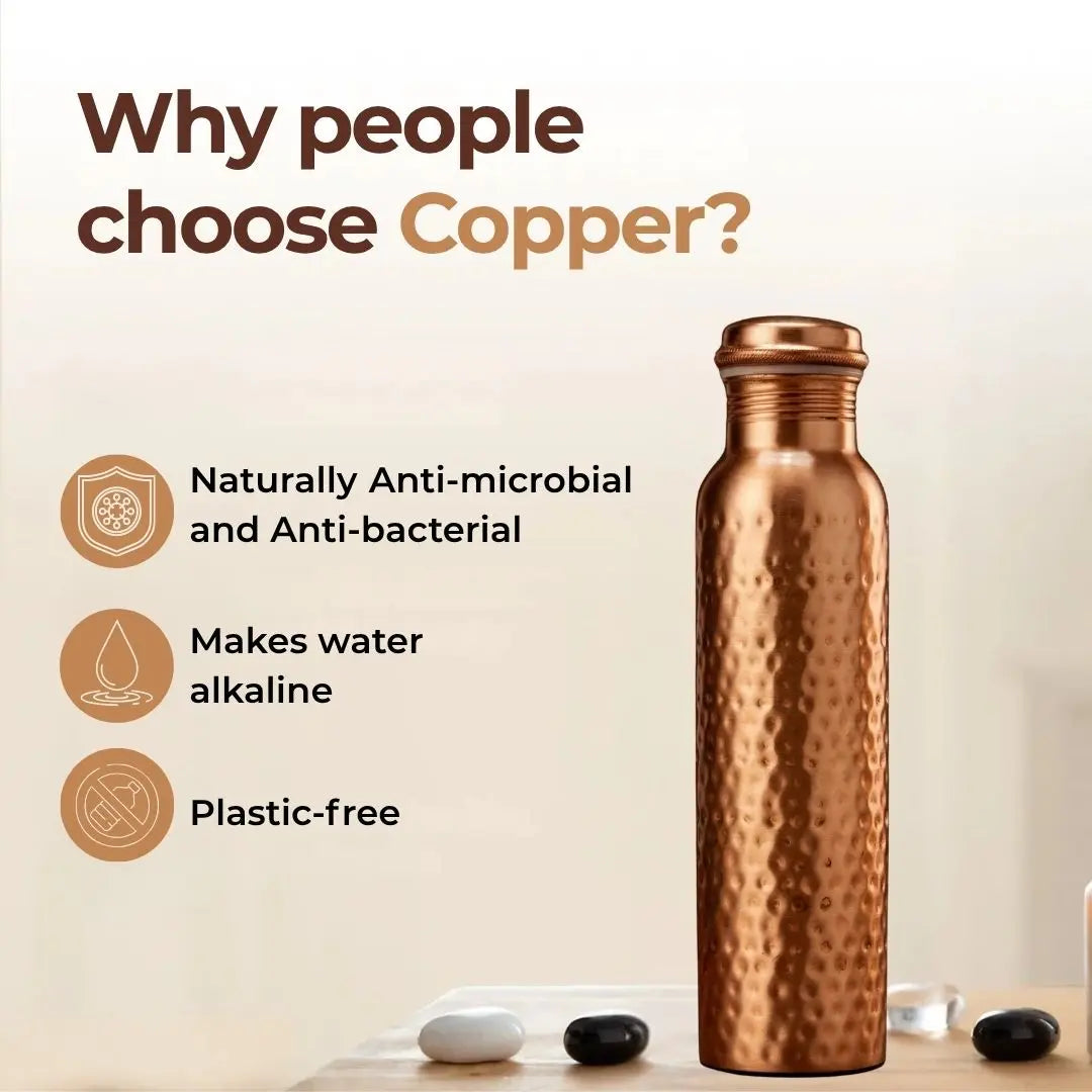 Ashwell handcrafted pure copper water bottle, studio product photo