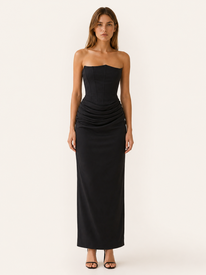 Black Corset Maxi Dress with Ruched Detail – front view