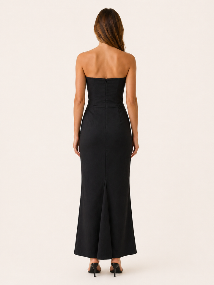 Black Corset Maxi Dress with Ruched Detail – side view