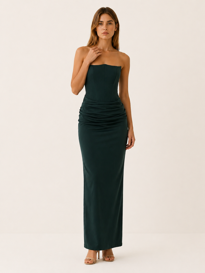 Black Corset Maxi Dress with Ruched Detail – lifestyle