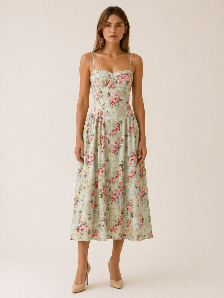 Green Corset Midi Dress with Sweetheart Neck – front view