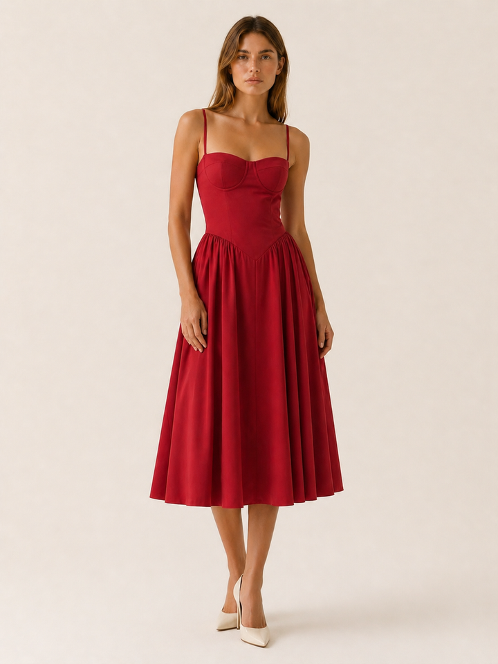 White Corset Midi Dress with Sweetheart Neck – full length view