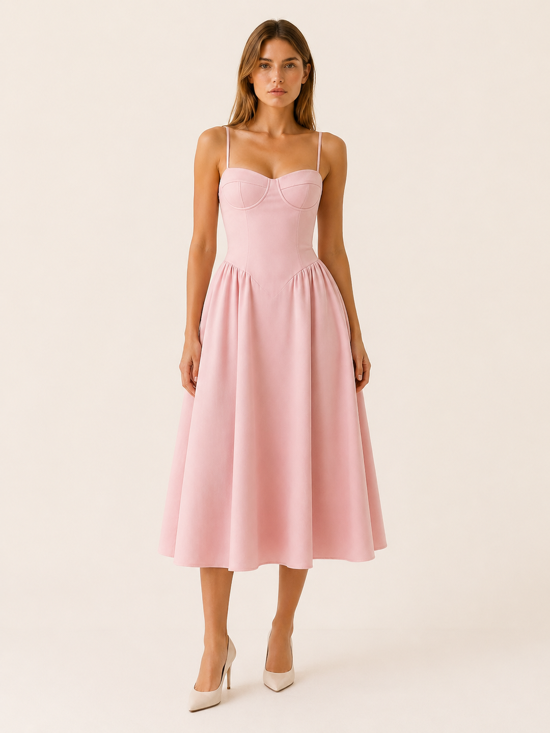 Pink Midi Dress with Corset Bodice and A-Line Skirt – front view